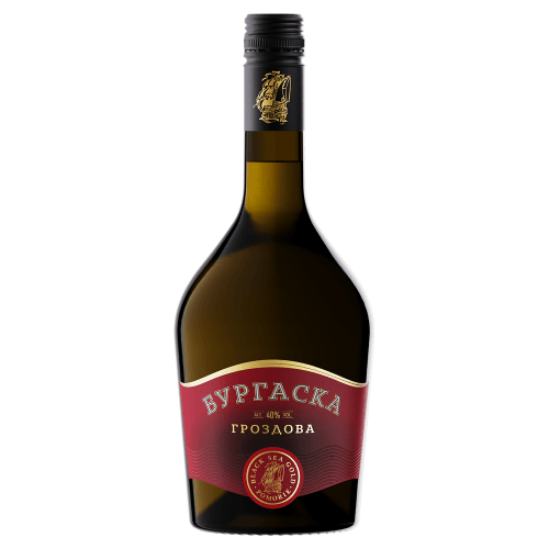 Burgaska Grozdova Rakia, ein traditioneller bulgarischer Grozdova Rakija, mit rubinrotem Etikett und goldfarbenen Akzenten.